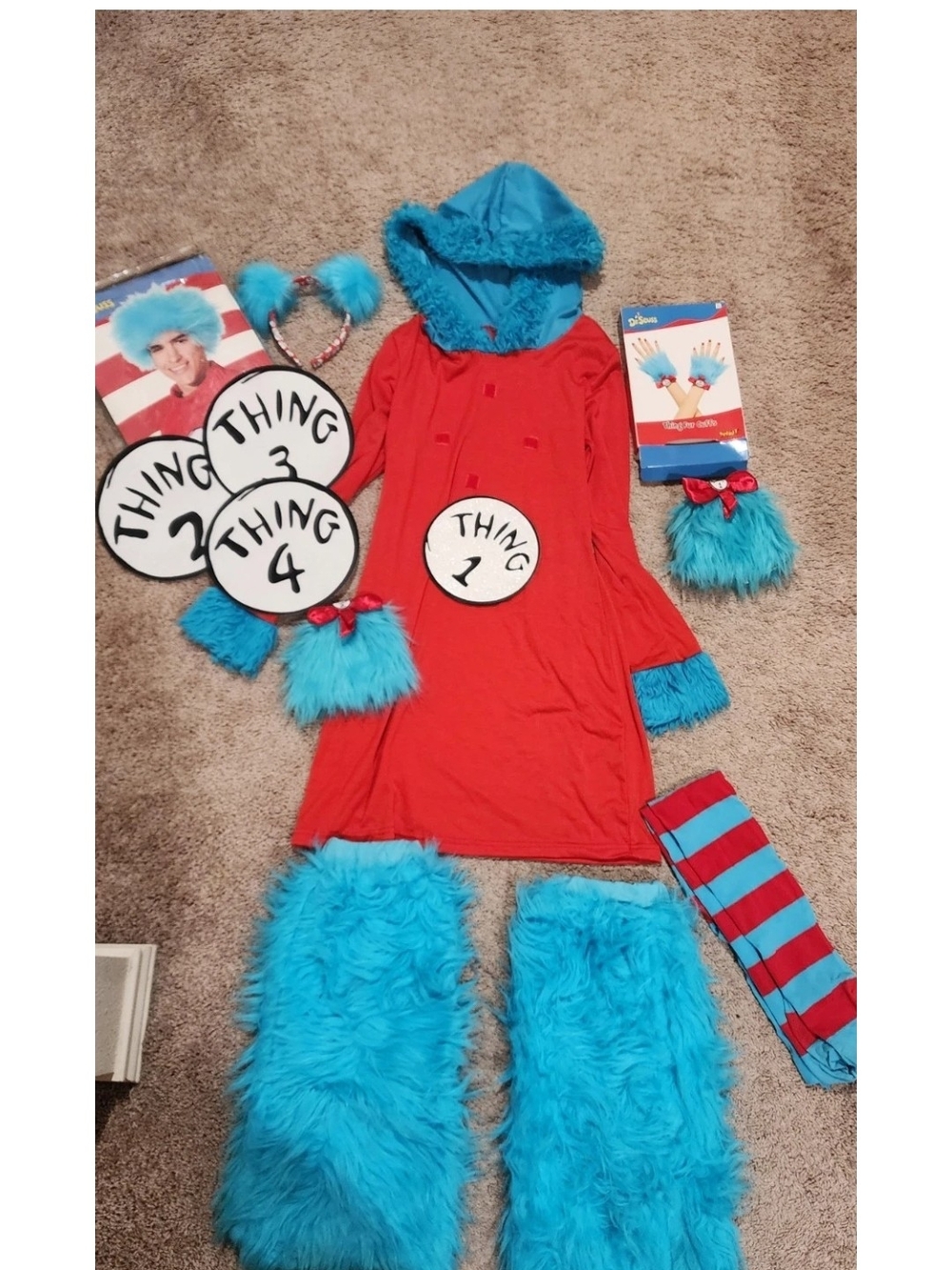 Womens Dr. Seuss Cat in the Hat THING 1 Dress & accessories (Wig, Tights, Furry)